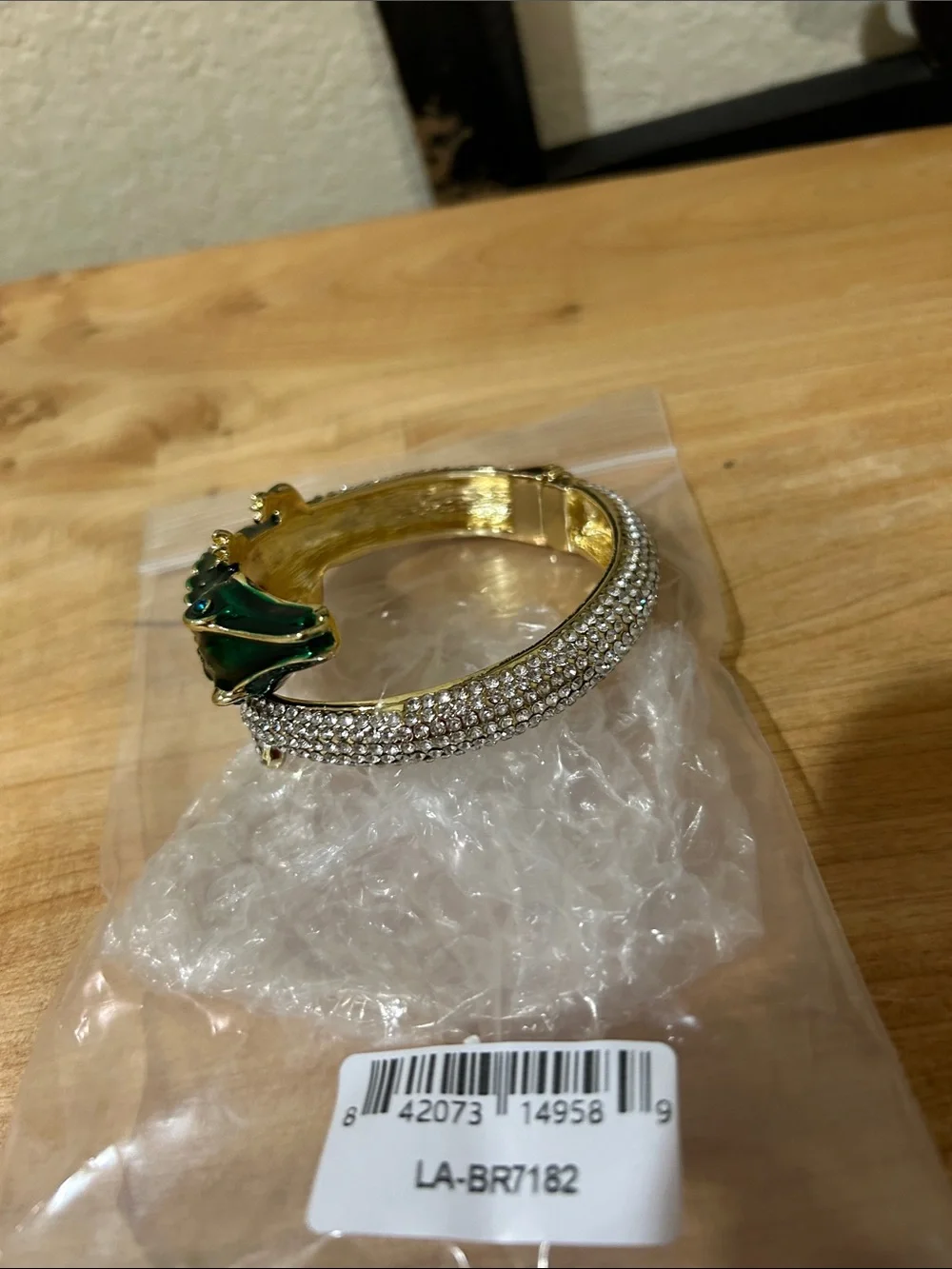 Gold-Tone Green Crystal Alligator Hinged Bangle Bracelet